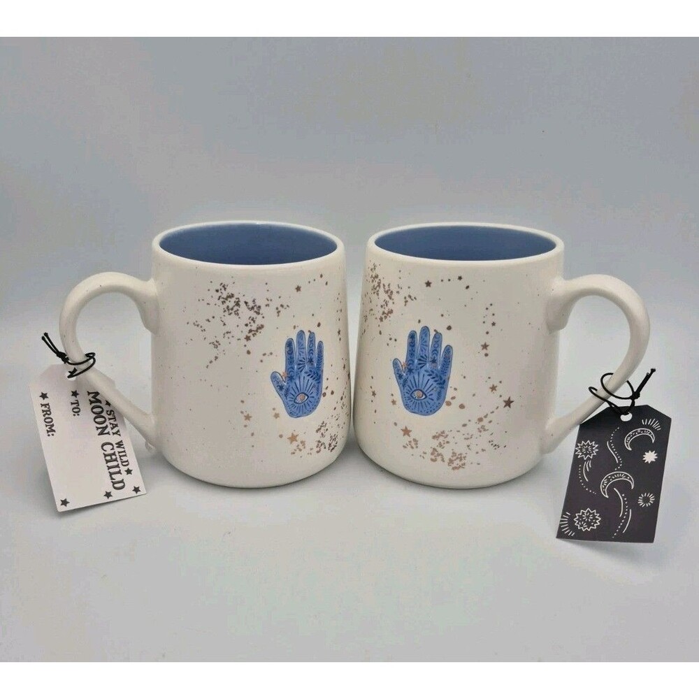 Celestial Hamsa Hand Ceramic Set Coffee Mug White Blue Gold Stay Wild Moon Child